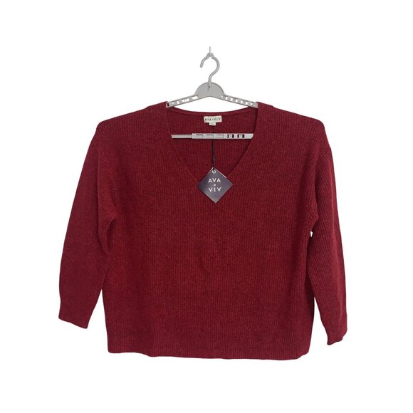 Ava & Viv Women V-Neck 3/4 Sleeves Stretchy Red Knit Winter Sweater Plus Size 3X - Picture 3 of 10